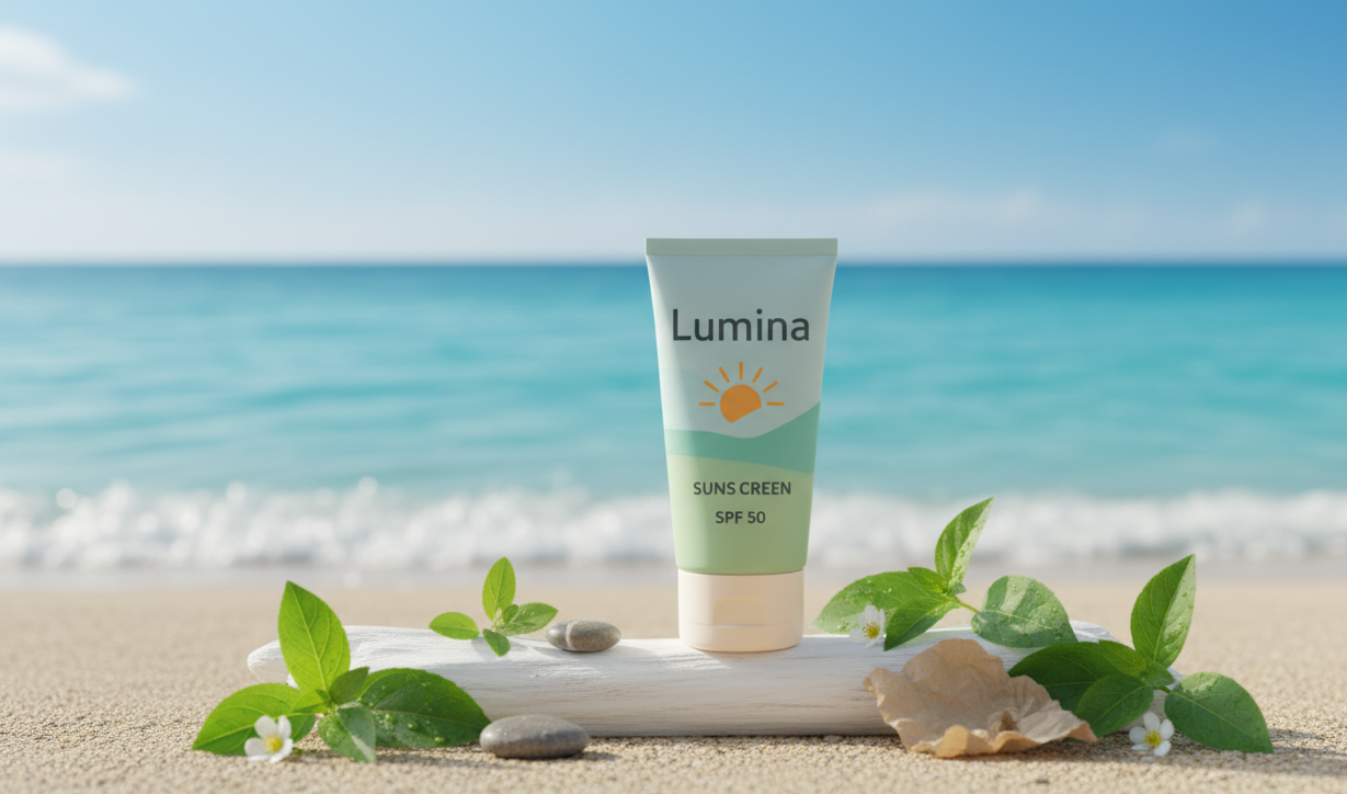 Produk Lumina sunscreen dengan kemasan ramah lingkungan di atas kayu dihiasi daun dan bunga di tepi pantai