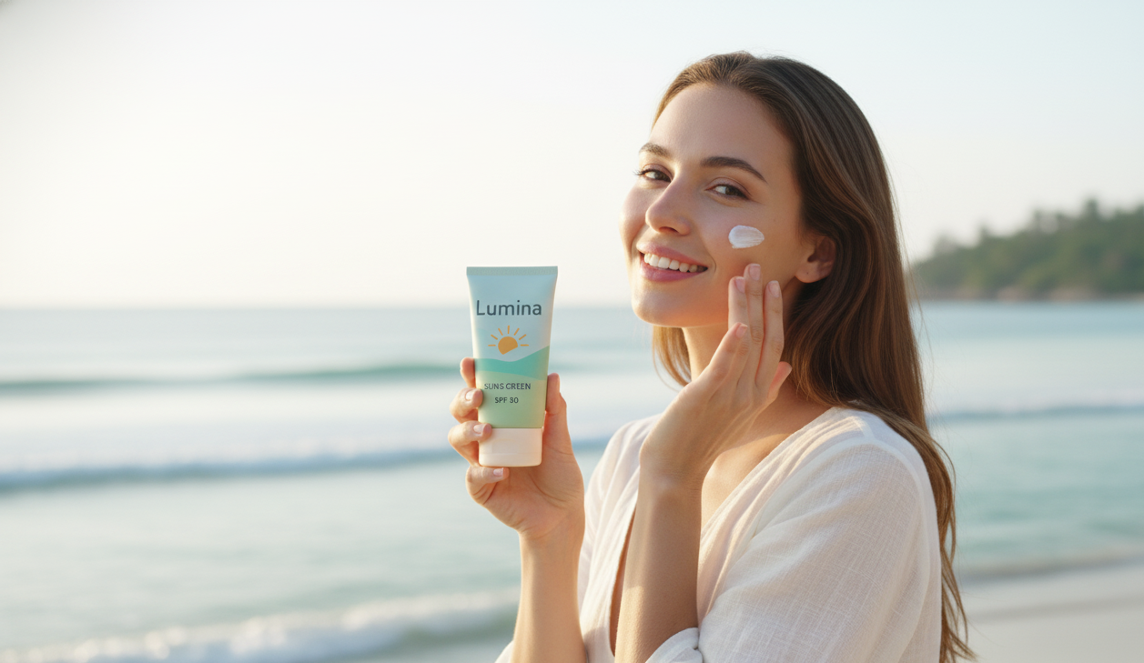 Wanita berada di tepi pantai sambil mengoleskan Lumina sunscreen ramah lingkungan di wajah.